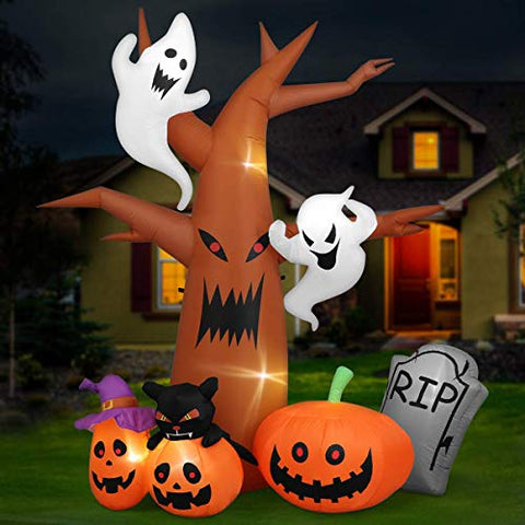 Unomor 8 Ft Halloween Inflatables Dead Tree Decorations, Blow Up Party Decor with Ghosts, Pumpkins, Tombstones, Cats, Built-in LED Lights with Stakes, for Indoor Outdoor Yard Lawn