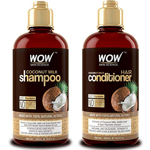 WOW Coconut Milk Shampoo and Conditioner Set (2 x 16.9 Fl Oz / 500mL - DHT Blockers Slow Down Hair Loss - Essential Vitamins & Oils For Faster Hair Growth For Men & Women - Paraben, Salt, Sulfate Free