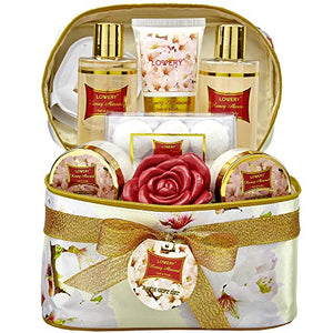 Bath and Body Gift Basket For Women – Honey Almond Home Spa Set with Fragrant Lotions, 6 Bath Bombs, Reusable Travel Cosmetics Bag and More - 14 Piece Set