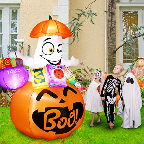 6FT Halloween Inflatable Pumpkin Ghost Carrying Candy Bag with Build-in LED Lights, Cute Halloween Pumpkin Blow Up Inflatables for Outdoor Indoor Yard Lawn Halloween Decorations