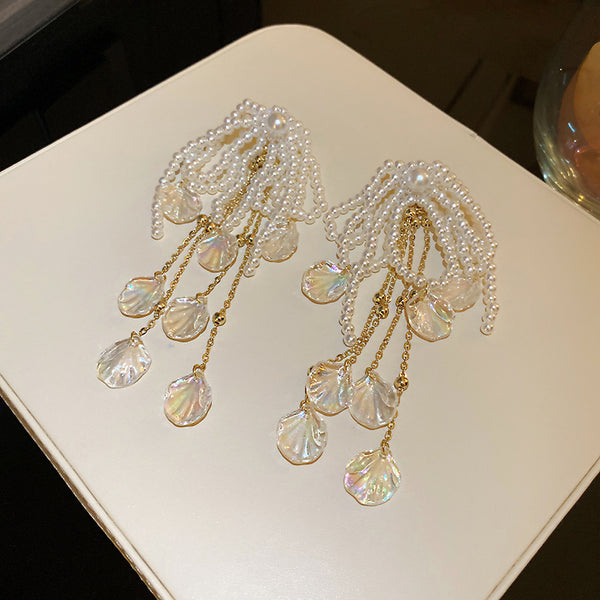 Female Exaggerated Long Pearl Earrings Shell Bow Tassel Earrings