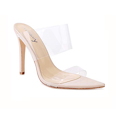 vivianly Clear Pointed Toe Sandals Stiletto Heels Transparent Strap High Heels Slip on Mules for Women