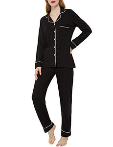 INNERSY Women's Pajamas Set Long Sleeve Sleepwear Button Down Nightwear Soft Pj Lounge Sets (M, Midnight Black )