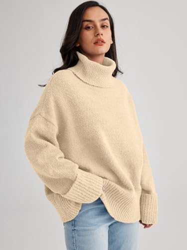 LILLUSORY Women's Turtleneck Long Sleeve Oversized 2023 Fall Fuzzy Knit Chunky Warm Pullover Sweater Top Apricot