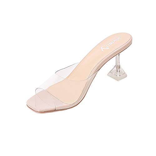vivianly Womens Clear Peep Toe Sandals Stiletto Heels Slip on Heeled Mules Slipper Backless Dress Shoes