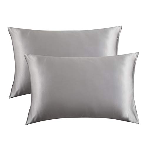 Bedsure Satin Pillowcase for Hair and Skin Silk Pillowcase 2 Pack, Queen Size(Silver Grey, 20x30 inches) Pillow Cases Set of 2 - Slip Cooling Satin Pillow Covers with Envelope Closure