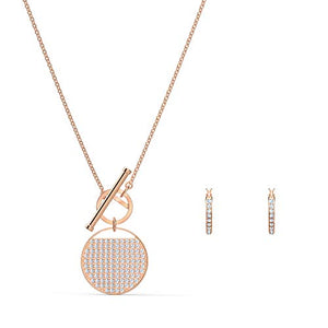 Swarovski Ginger Jewelry Set, Rose-Gold Tone Plated Women's Hoop Pierced Earrings and Pendant Necklace with White Crystals