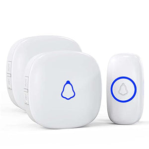 SECRUI Wireless Doorbell, Mini Door Bell with 58 Chimes 5 Volume Levels, 1 Waterproof Button 2 Plug in Receiver, White Doorbell with Led Blue light for Home/Classroom/Office