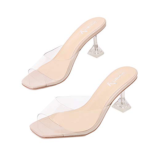 vivianly Womens Clear Peep Toe Sandals Stiletto Heels Slip on Heeled Mules Slipper Backless Dress Shoes
