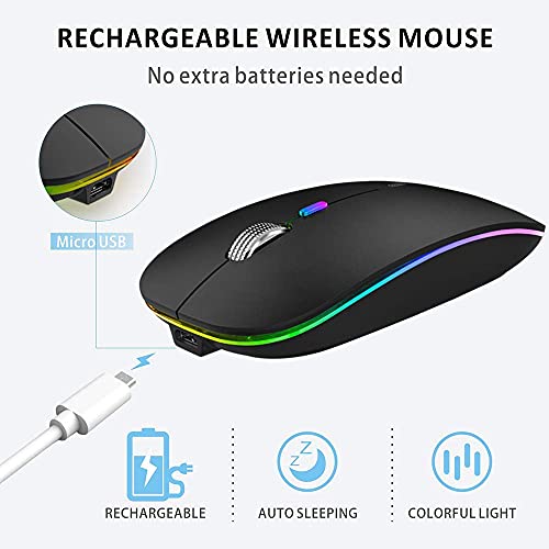 Uiosmuph LED Wireless Mouse, G12 Slim Rechargeable Silent Mouse, 2.4G Portable USB Optical Computer Mice with USB Receiver and Type C Adapter (Matte Black)