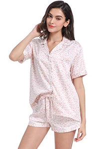 Serenedelicacy Women's Silky Satin Pajamas Short Sleeve PJ Set Sleepwear Loungewear (Medium, Blush Leopard)