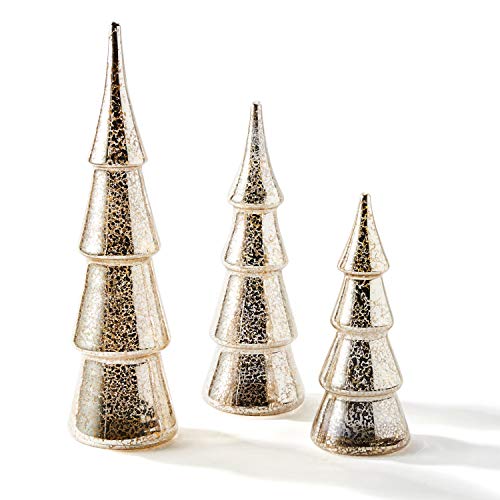 Mercury Glass Christmas Tree Decoration - Set of 3 Assorted Trees with Fairy Lights, 10 Inch Tall, Silver Finish, Batteries Included, Holiday Table Centerpiece or Mantle Decor