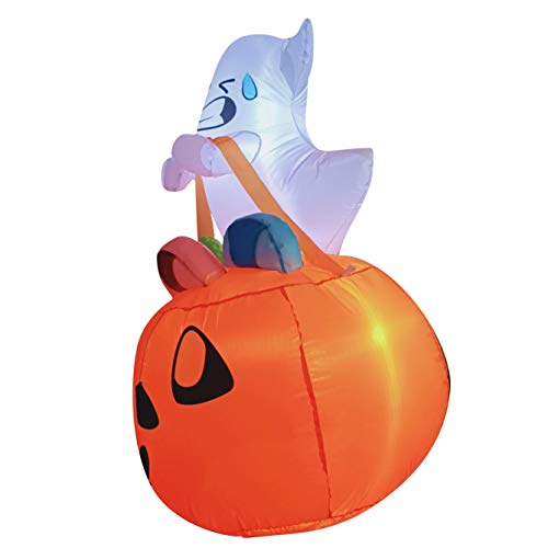 Joiedomi 5 FT Tall Halloween Inflatable Cute Ghost Inflatable Lift Pumpkin Candy Bag with Build-in LEDs Blow Up Inflatables for Halloween Party Indoor, Outdoor, Yard, Garden, Lawn Decorations