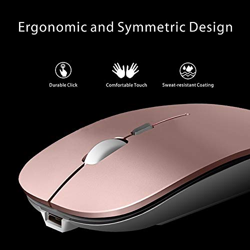 Uciefy Q5 Slim Rechargeable Wireless Mouse, 2.4G Portable Optical Silent Ultra Thin Wireless Computer Mouse with USB Receiver and Type C Adapter, Compatible with PC, Laptop, Desktop (Rose Gold)