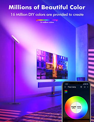 Smart RGB LED Floor Lamp Works with Alexa Google Home, WiFi Remote Modern Tall Standing Light, Super Bright 2000LM Color Changing & Dimmable Sky Torchiere for Living Room, Bedroom (Black)