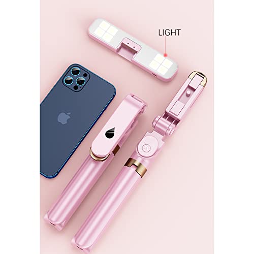 Selfie Stick Tripod,MQOUNY Extendable Selfie Stick Tripod with Light with Detachable Wireless Remote and Tripod Stand Compatible with iPhone, Samsung Galaxy and Smartphone (Pink)