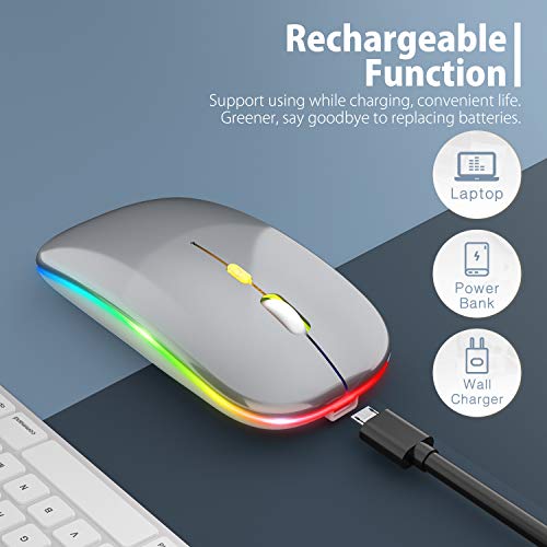 【Upgrade】 LED Wireless Mouse, Slim Silent Mouse 2.4G Portable Mobile Optical Office Mouse with USB & Type-c Receiver, 3 Adjustable DPI Levels for Notebook, PC, Laptop, Computer, MacBook (Grey)