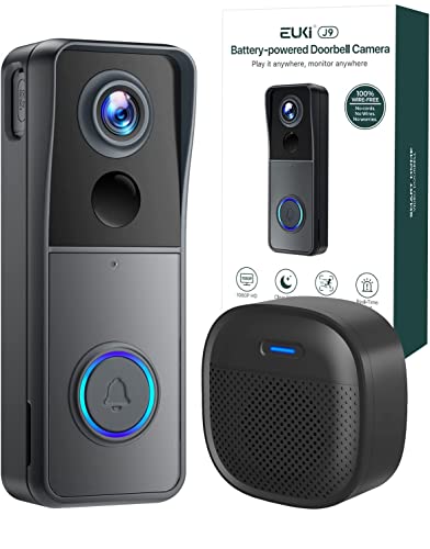 EUKI Wireless Video Doorbell Camera with Chime, Voice Changer, Voice Message, PIR Motion Detection, Instant Alerts, Battery Powered, Indoor/Outdoor Surveillance, 2.4G WiFi, IP66.