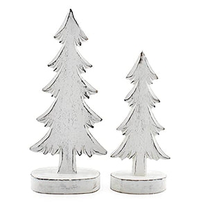 AuldHome Wooden Christmas Trees (Set of 2, Distressed White); Tabletop Handmade Mango Wood Trees with Rectangular Base for Holiday Home Decor