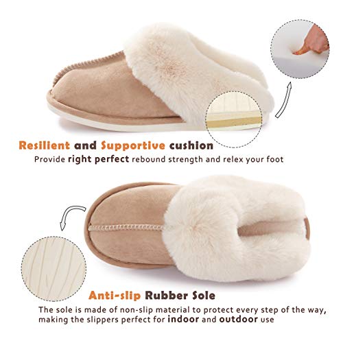 Womens Slipper Memory Foam Fluffy Soft Warm Slip On House Slippers,Anti-Skid Cozy Plush for Indoor Outdoor Tan 7-8