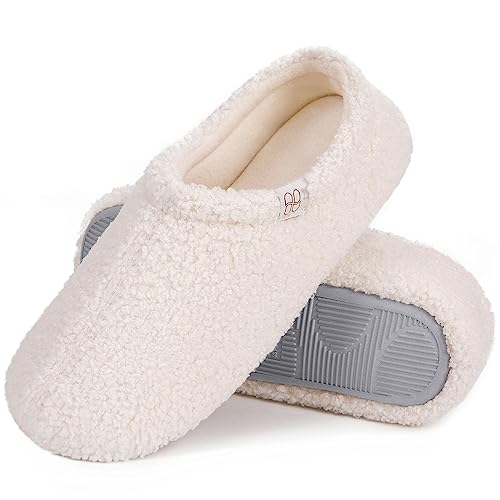 HomeTop Women's Fuzzy Curly Fur Memory Foam Loafer Slippers Bedroom House Shoes with Polar Fleece Lining (11-12, Cream White)