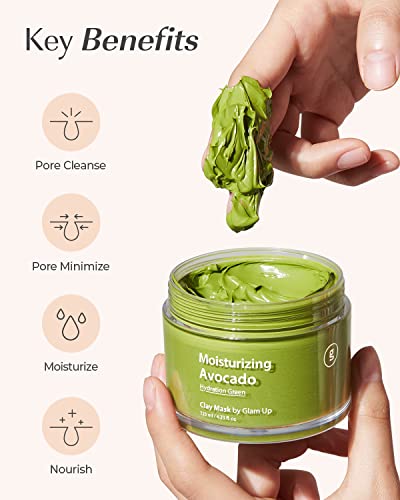 Glam Up - Moisturizing Avocado Clay Mask - Vegan Face Mask, Superfood, 100% hypoallergenic, Deep Hydration and Cleansing Minimizing Pores, Clean Beauty, Face Mask Skincare for Acne - (125ml/4.23 Oz) Clay Mask for facial treatment gifts