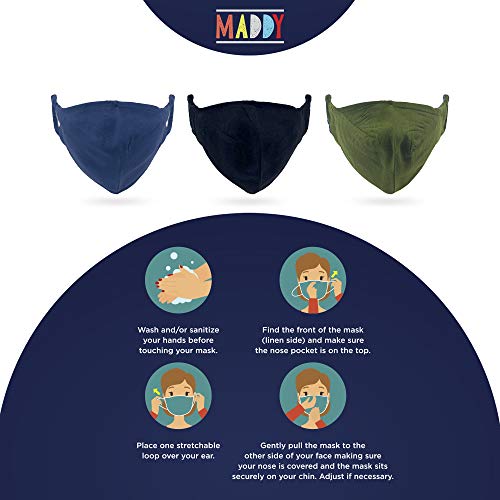 MADDY Face Mask Adult, 2-Layer Breathable Medium Sized Washable Cloth Mask, Linen & Cotton Blend, Stretchy Ear Loop for Perfect Shape - Reusable, Reversible - (Pack of 3) (Multi-Pack (3 pack))