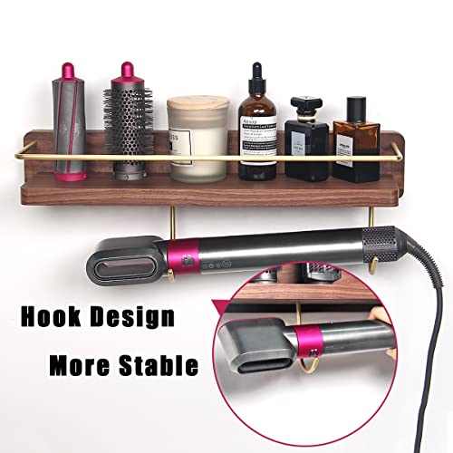Wall Mounted Holder for Dyson Airwrap Styler Hair Curling Wand Brush Barrel Bathroom Shelf Tray Wood Stand Home Bedroom Hair Salon Storage Organizer with Hook for Comb Cream Facial Cleanser