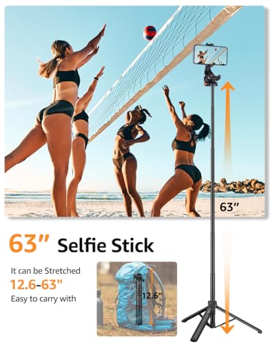 Selfie Stick, Extendable 63” Phone Tripod Stand with Wireless Remote, Phone Holder, Compact Travel Selfie Stand with Cold Shoe & 1/4" Screw, for iOS/Android/GoPro/Video/Photo/Live Streaming/Vlogging