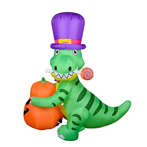 Kyerivs 5.25Ft Halloween Inflatables Cute Dinosaur with Pumpkins Decorations Outdoor Decorations, Halloween Blow Up Yard Decorations Build-in Led Lights for Outside Garden Lawn Party Airblown Decor