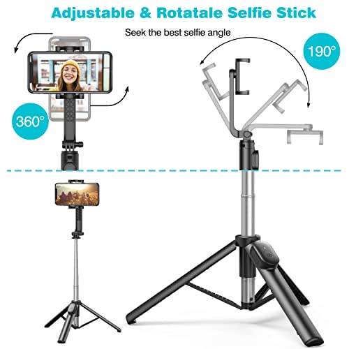 Selfie Stick, Extendable Selfie Stick Tripod with Wireless Remote and Phone Holder, Portable Phone Tripod Stand for Group Selfie/Live Streaming/Video Recording Compatible with iPhone, Android Phones