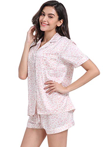 Serenedelicacy Women's Silky Satin Pajamas Short Sleeve PJ Set Sleepwear Loungewear (Medium, Blush Leopard)