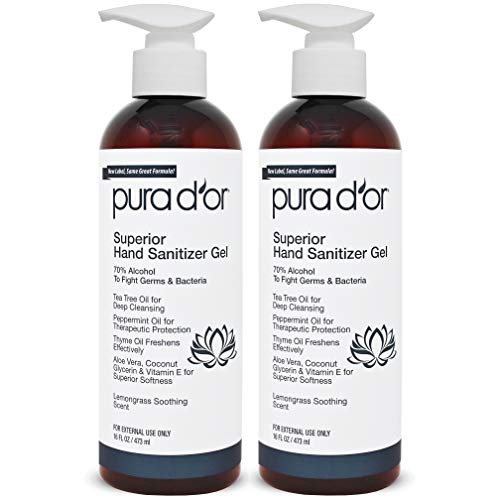 PURA D’OR Hand Sanitizer Gel LEMONGRASS Scent 2 PACK-16oz each = 32oz Total. 70% Alcohol Kills 99% Germs w/Aloe Vera, Tea Tree: Waterless Deep Cleansing Moisturizing Soothing, Fights Germs & Bacteria
