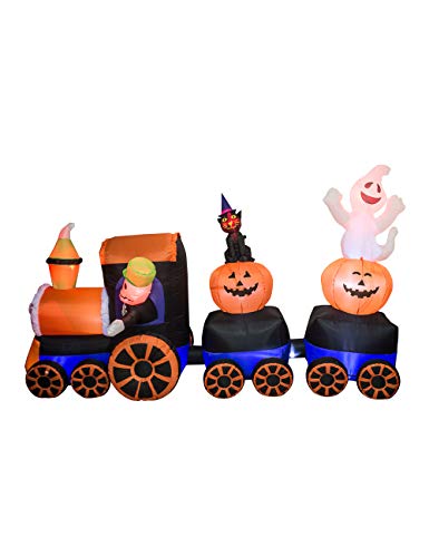 AJY 9 Feet Halloween Inflatable Train with Kittens White Ghosts/Pumpkin with LED Lights Blow up Lighted Yard Decor Giant Lawn Halloween Inflatable Home Garden Party Favor Decoration