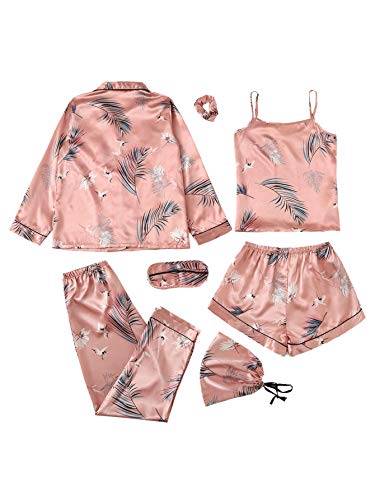 SheIn Women's 7pcs Pajama Set Cami Pjs with Shirt and Eye Mask Pink Crane X-Large