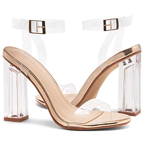 Shoe Land SL-CLLAARY Perpex Heel Ankle Strap Adjustable Buckle Lucite Clear Block Chunky High Heel Open Toe Sandal ClearRoseGold 7.0