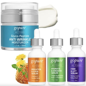 goPure Actives Skin Care System - A 4-Piece Skin Care Bundle with Hydrate & Smooth Serum, Firm & Lift Serum, Brighten & Even Serum, and Glyco-Peptide Anti-Wrinkle Moisturizer