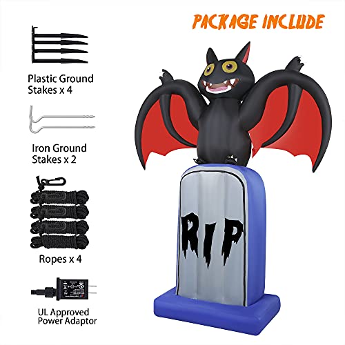 HOOJO 6 FT Halloween Inflatables Outdoor Decoration Black Bat on Tombstone with Build-in LED Lights, Blow Up Inflatables Yard Decoration for Halloween Holiday Party Yard Garden Lawn