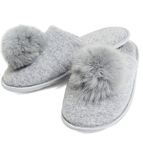 Cashmeren Real Fur Pom-Pom Slippers 100% Cashmere Memory Foam House Shoes with Non Slip Soles (Heather Grey, 8-10)