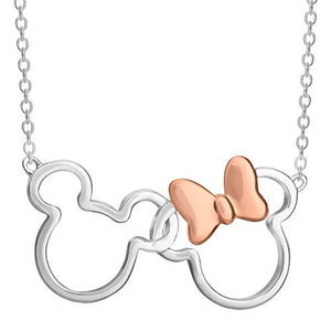 Disney Mickey and Minnie Mouse Jewelry for Women, Silver Plated Interlocking Mickey and Minnie Mouse Pendant Necklace;
