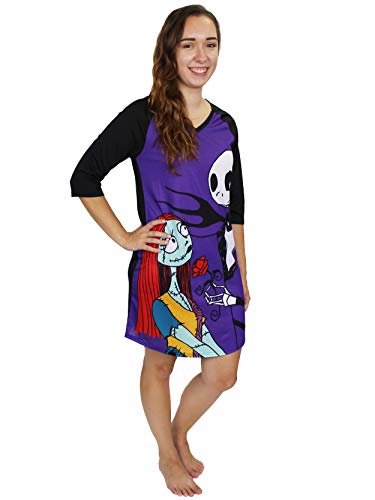Disney Nightmare Before Christmas Women's 3/4 Sleeve Dorm Nightgown Pajamas (X-Small, Black/Purple)
