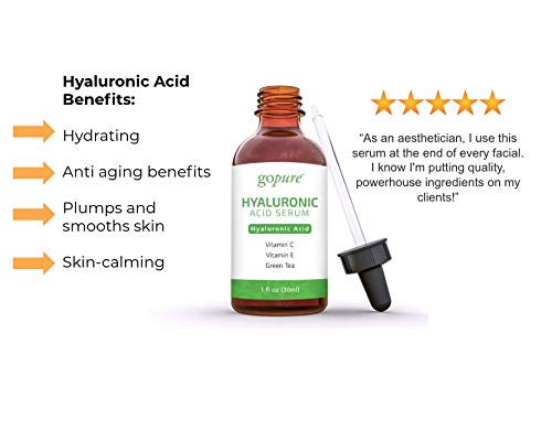 goPure Hyaluronic Acid Serum with Vitamin C, Green Tea & Vitamin E - Hydrating Anti Aging Serum - Hydrates & Plumps the Skin - Dry Skin, Fine Lines, Wrinkles - 1oz