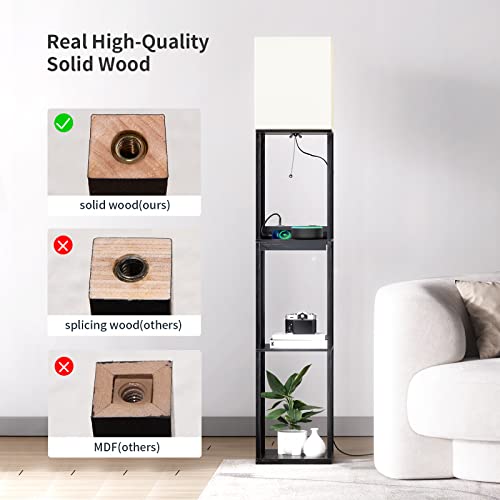 SUNMORY Floor Lamp with Shelves,Modern Dimmable Solid Wood Standing Lamp with 1 Drawer and 2 USB Ports & 2 Power Outlet,Corner Tall Bookshelf Lamp for Living Room and Bedroom(Black)