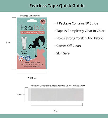 Fearless Tape - Double Sided Tape for Fashion, Clothing and Body (50 Strip Pack) | All Day Strength Tape Adhesive and Gentle on Skin and Fabrics | Transparent Clear Color for All Skin Shades