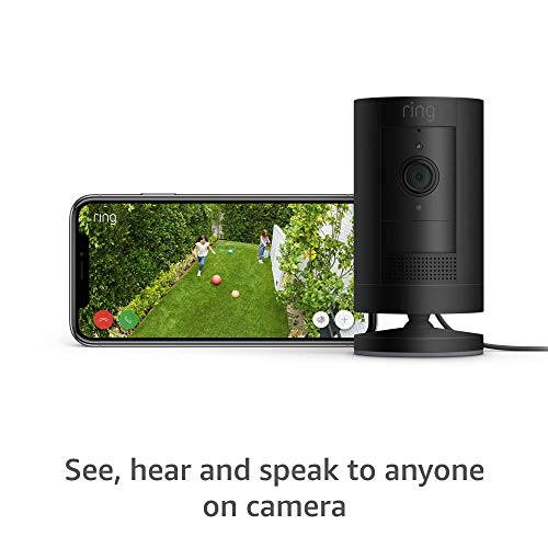 Ring Stick Up Cam Plug-In HD security camera with two-way talk, Works with Alexa - Black