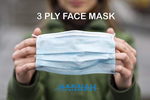 Hannah Linen 50 Pieces Set Disposable Face Masks - 3 Layer Cover / 3 Ply, Breathable masks for germ protection, Non-Woven Dust Mask with Earloop for Personal Care - Fast Ship from USA - Blue Color