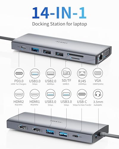 USB C Docking Station Dual Monitor, 14 in 1 USBC Hub Triple Display Adapter with 2 HDMI, VGA,100W PD, Mic/Audio, SD/TF, Ethernet Ports Compatible with IPhone 15 ProMax/Pro/Macbook/Dell/Surface Laptops