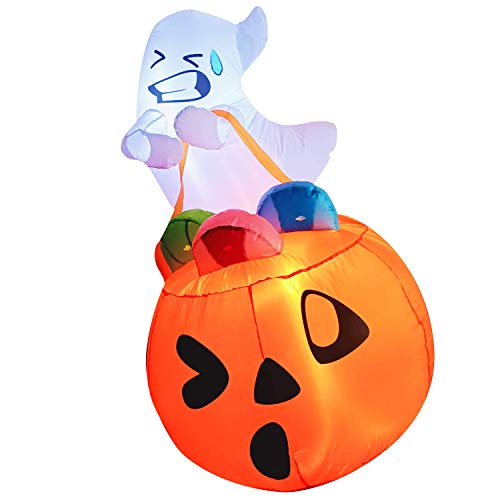 Joiedomi 5 FT Tall Halloween Inflatable Cute Ghost Inflatable Lift Pumpkin Candy Bag with Build-in LEDs Blow Up Inflatables for Halloween Party Indoor, Outdoor, Yard, Garden, Lawn Decorations