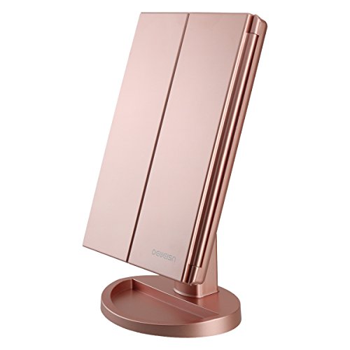 Tri-Fold Lighted Vanity Makeup Mirror with 21 LED Lights,3X/2X Magnification Mirror,Touch Sensor Switch, Two power Supply Mode Tabletop Makeup Mirror,Travel Cosmetic Mirror