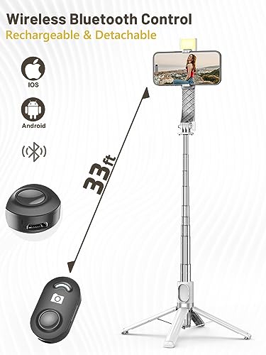 55"Selfie Stick Tripod with Rechargeable Remote, Cell Phone Tripods with Detachable Light, Ultra Stable Quadrapod, for iPhone 14 13 12 pro Xs Max Xr X 8Plus 7, Android, Samsung Galaxy S22 S21 and More